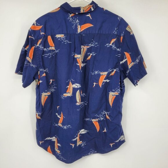 Old Navy Navy Blue Sail Boat Fish Jumping Button Down Hawaiian Style Shirt XL - Picture 1 of 6